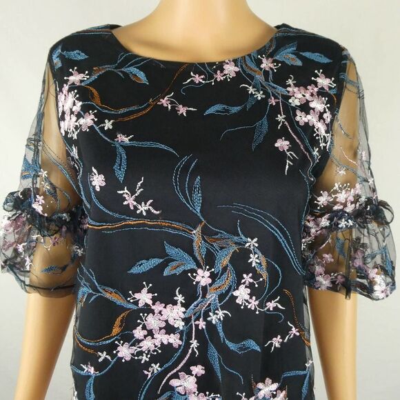 Nanette Lepore Floral Embroidery Embroidered Sheer Overlay Lined Blouse Navy Sm - Picture 3 of 10